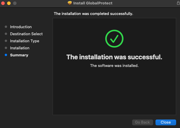 screenshot of macOS GlobalProtect Install Complete